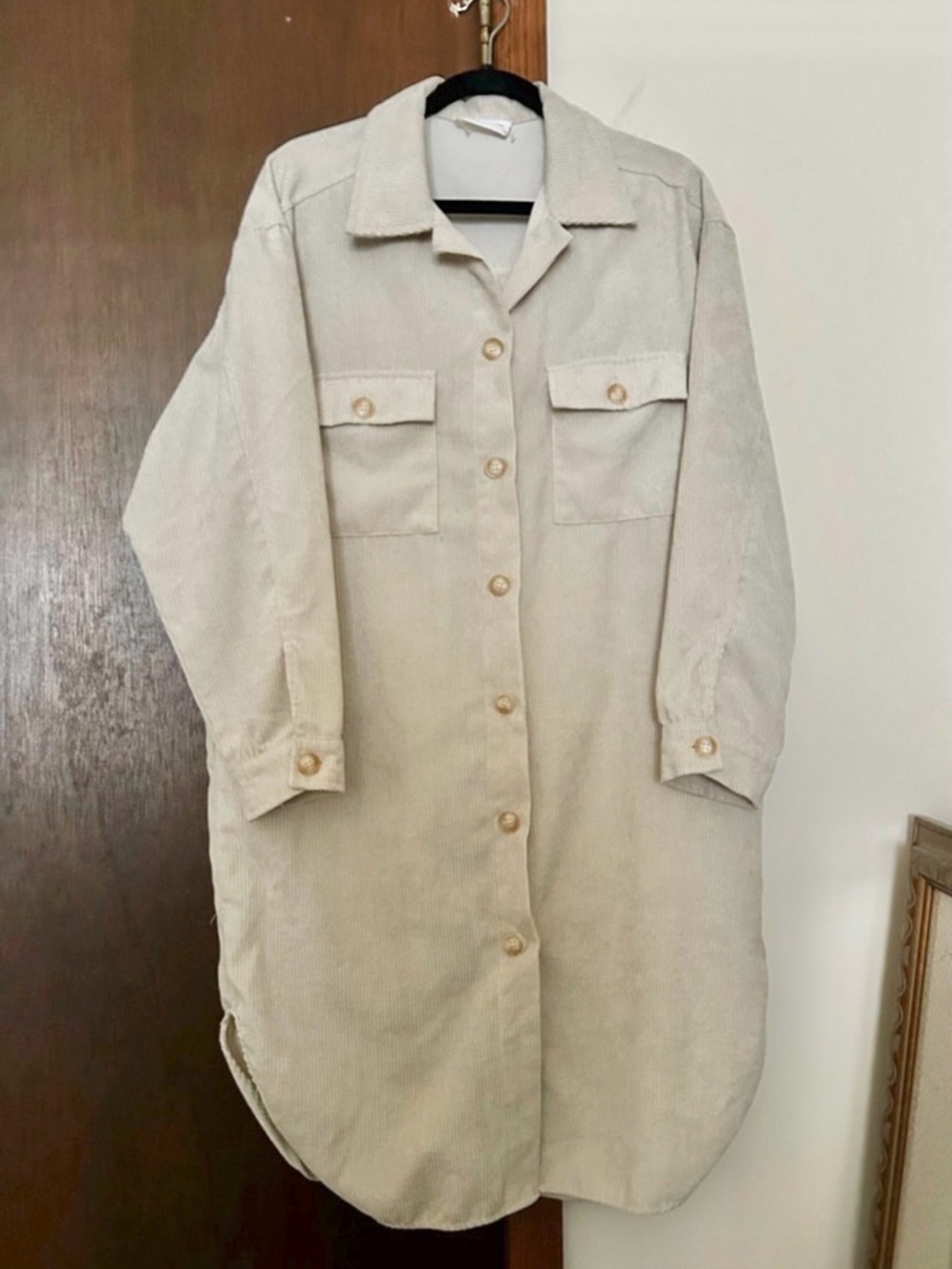 Carly Jean Los Angeles Long Corduroy Shirt Coat in Light Beige